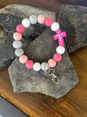 Pink & White Beaded Wrist Keychain with Cross Charm